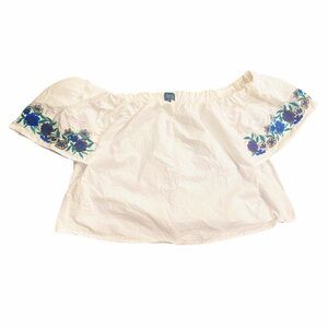 5/$25 Topshop Cream Off-Shoulder Cropped Peasant Blouse Embroidered Sleeves 6